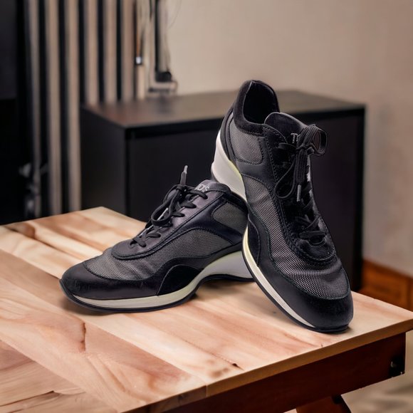 TOD'S BLACK Suede Leather White Mesh Lace-Up Heel Sneakers - Picture 4 of 11